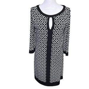 White House Black Market Shift Dress M Black White Geo Pattern Midi Keyhole